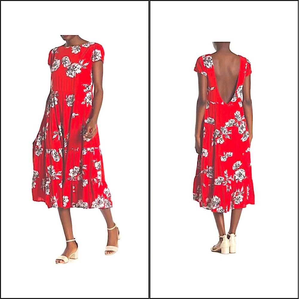 NEW Free People Red Long Dress White Flowers XS